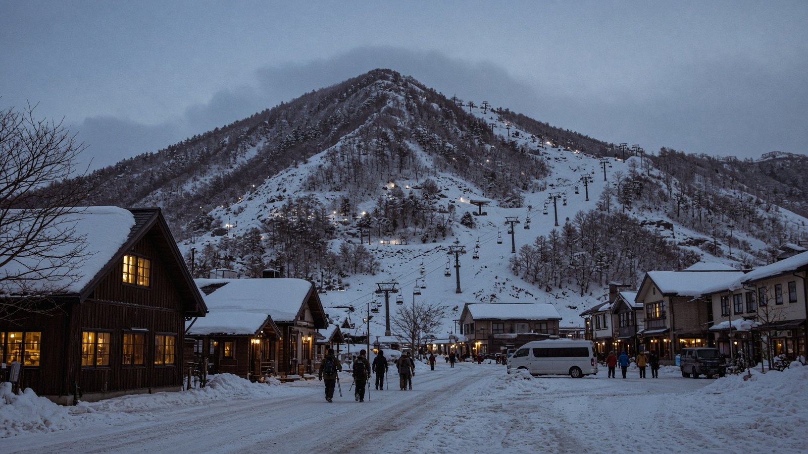 比羅夫村雪夜街景,山腳商店與後方雪道